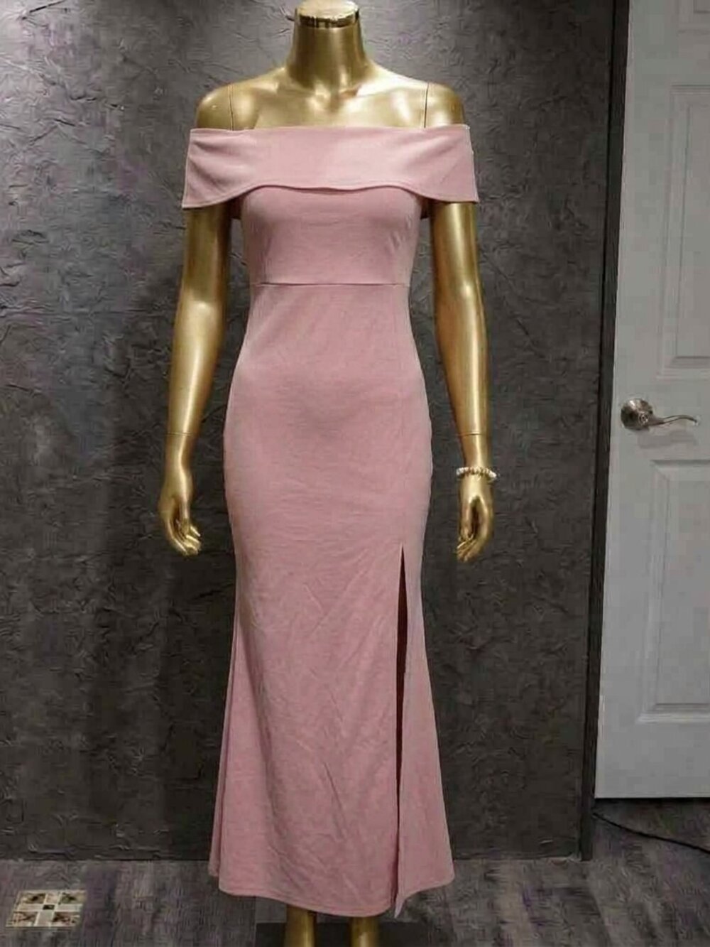 Carnation Pink Off Shoulder Ruffle Maxi Dress Side Slit Sz Medium